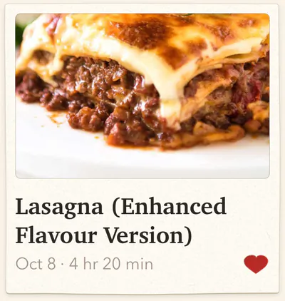 Lasagna (Enhanced Flavour Version), 4 hours 20 minutes, marked as a favorite.