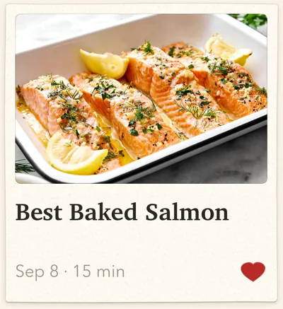 Best Baked Salmon, 15 minutes, marked as a favorite.