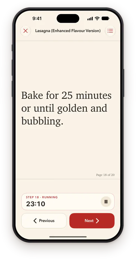 Cook View on iPhone: “Bake for 25 minutes or until golden and bubbling.” Page 18 of 20, with the step’s timer running at 23:10 above Previous and Next.
