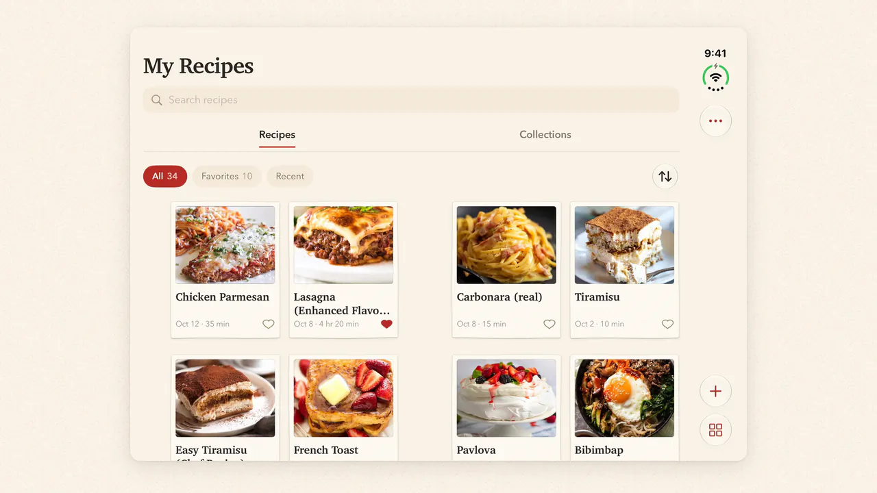 FlavorDraft’s My Recipes on the unfolded iPhone Duo display: eight recipe cards across two pages.