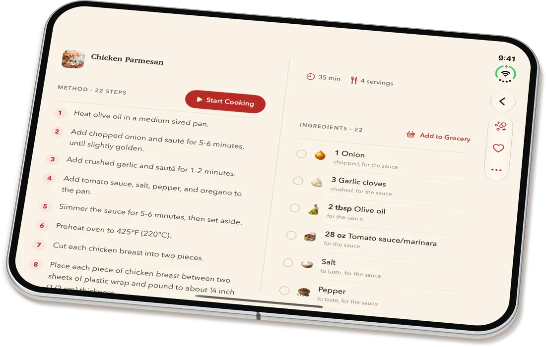 FlavorDraft on iPhone Duo, lying open: Chicken Parmesan across the two pages like a cookbook, its method in numbered steps on the left page and its ingredients on the right.
