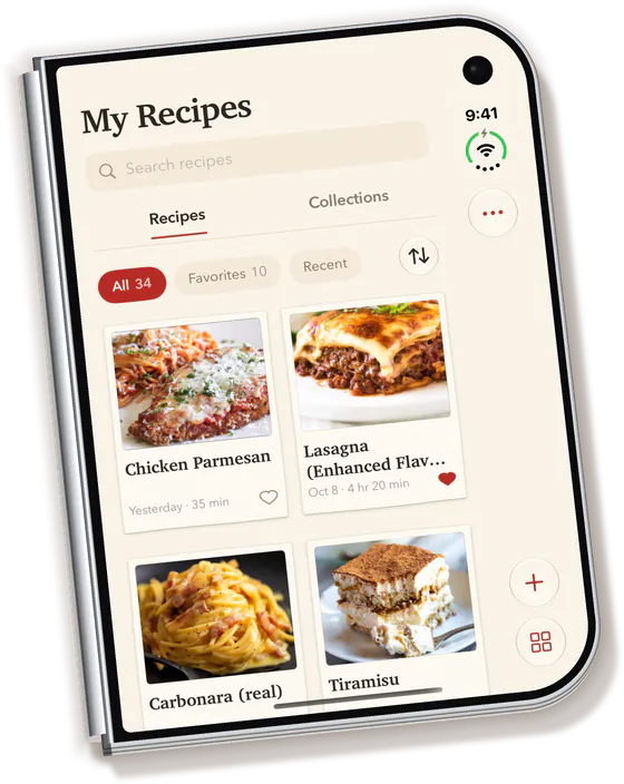 iPhone Duo closed, My Recipes on its outer display: Chicken Parmesan, Lasagna, Carbonara and Tiramisu as index cards, two to a row.