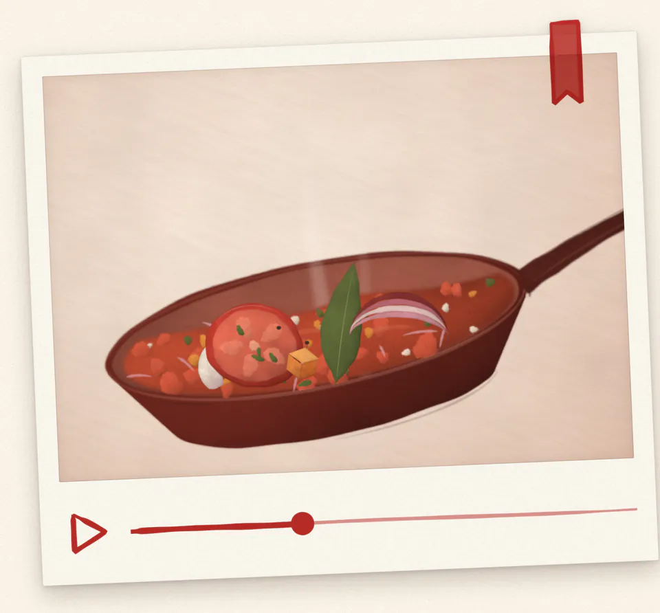A saved cooking video, drawn as a paper photo card: a skillet of tomato sauce with onion, basil and garlic, a red play mark, a progress line and a bookmark ribbon.